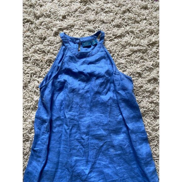 Antibes Blanc Dress Linen Blue Periwinkle Mid Length Halter Neck Medium Shift - Picture 2 of 6